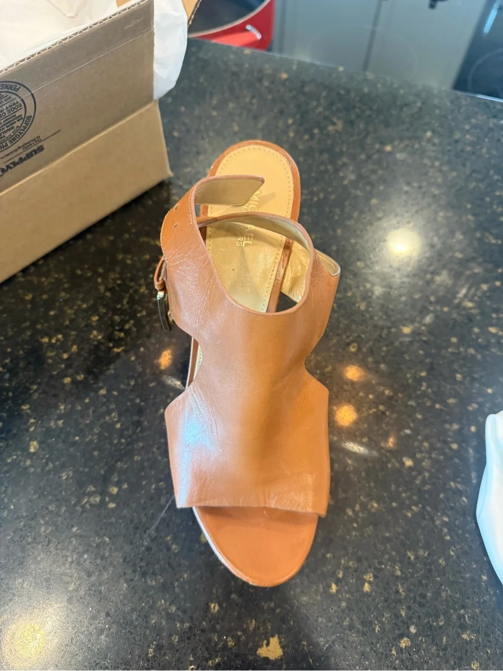 Michael Kors Tan Leather Cutout Wedge Sandals with Buckle